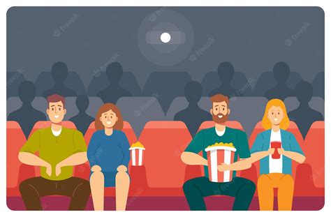 Premium Vector Happy Young Couples Characters Watching Movie At