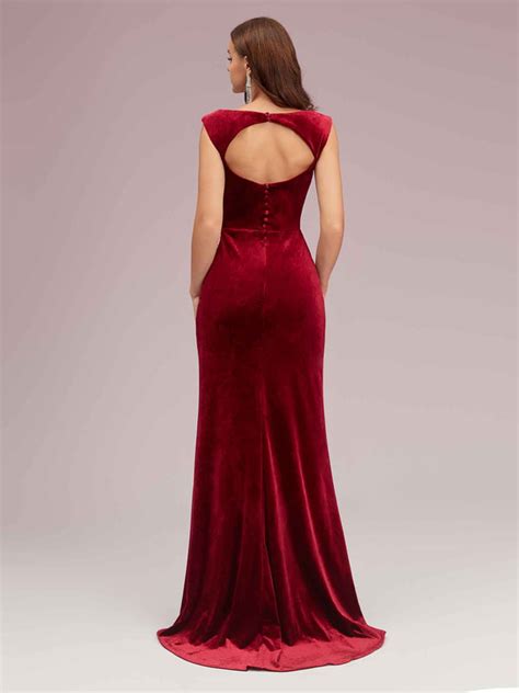 Sexy Open Back Velvet Scoop Long Mermaid Prom Dresses With Slit Cetims