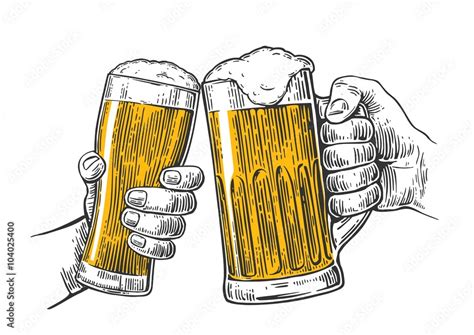 Vetor De Two Hands Holding And Clinking With Two Beer Glasses Mug Hand