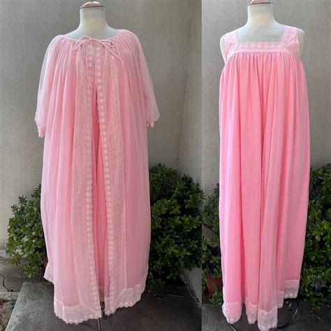 Vintage Peignoir Lingerie Set Maxi Robe Gown Pink Nylon Chiffon Lace Eyelets Trim Sz Medium Etsy