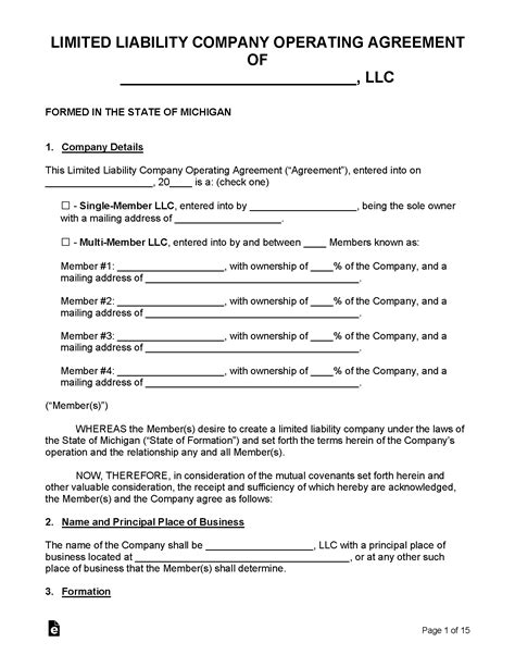 Michigan Llc Operating Agreement Template