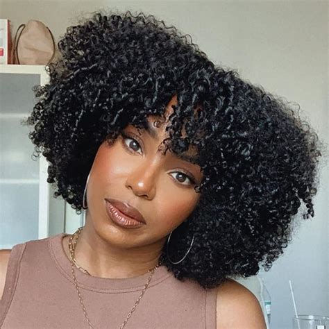 Afro Kinky Curly Human Hair Wig With Bangs Full Machine Made Scalp Top Wig 200