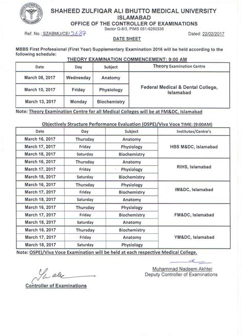 Date Sheet Mbbs St Nd And Rd Professional Supplementary Exams