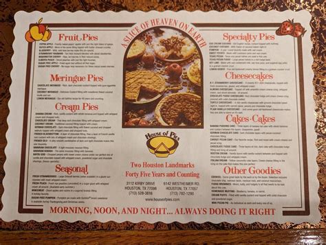 Menu at House of Pies desserts, Houston, Westheimer Rd