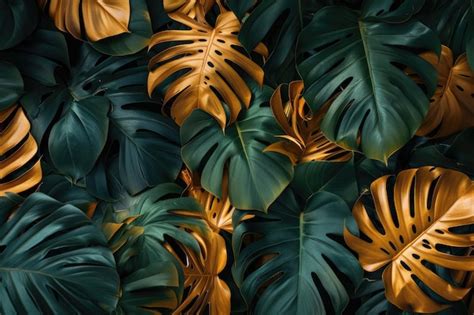 Fondo De Naturaleza Creativa Con Hojas Tropicales Doradas Y Verdes