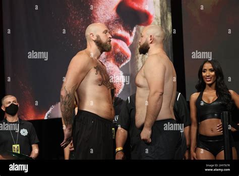 Robert Helenius, Adam Kownacki on stage during the weigh-in for the ...