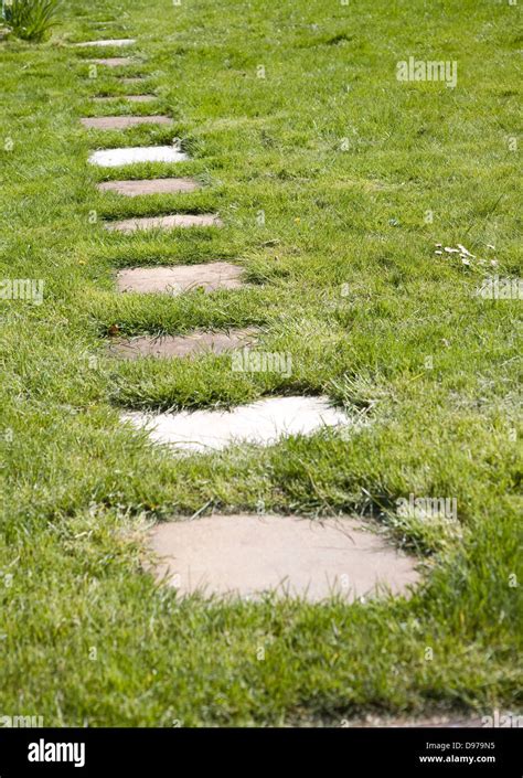 Stepping Stone Paving Slabs Form A Path Across Grass Lawn In A Garden