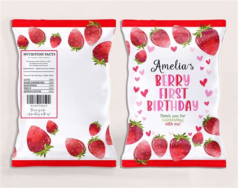 Strawberry Birthday Chip Bag Labels Berry First Birthday Snack Treats