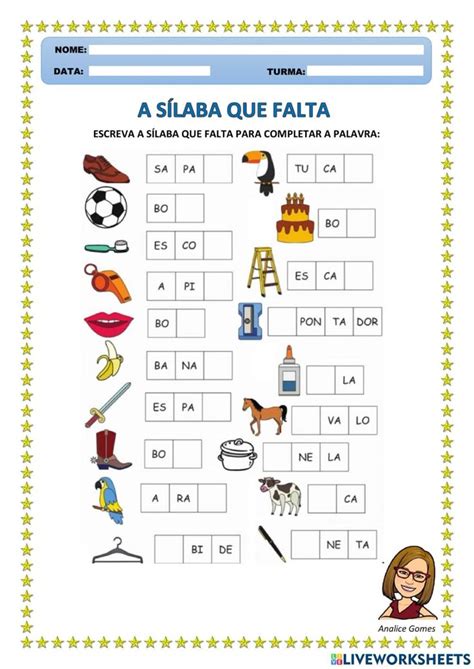 Complete Com A Silaba Que Falta - A Sílaba Que Falta worksheet | Atividades alfabetização e letramento ...