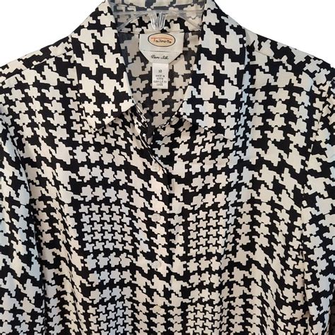 Talbots Silk Blouse Black Houndstooth Button Up Shirt Women Size 10