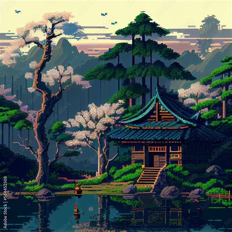 Pixel Art Illustration of a Japanese Landscape Generative Stock ...