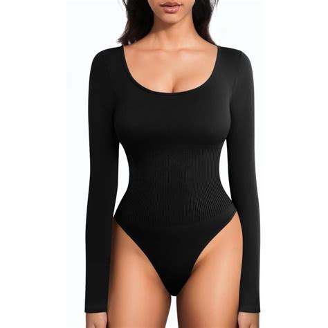 Mangopop Scoop Neck Long Sleeve Bodysuit For Women Ribbed Tummy Control