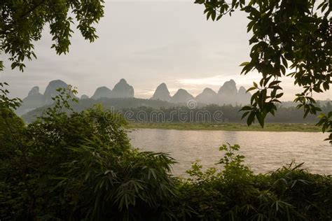 Sunrise Over Karst Mountain and River Li in Yangshuo China Stock Photo ...