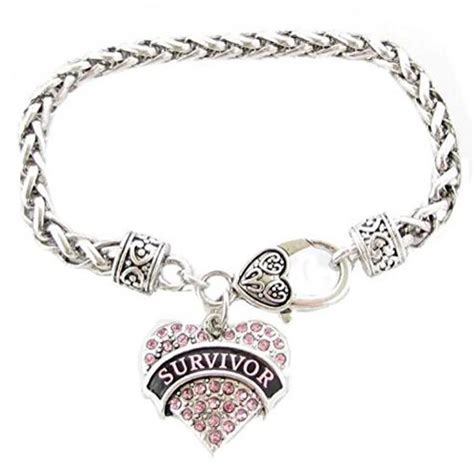 Survivor Breast Cancer Pink Ribbon Crystal Heart Silver Bracelet