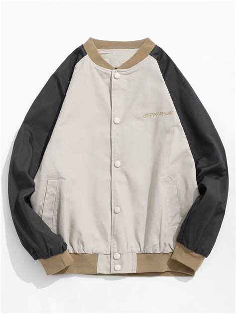 Colorblock Splicing Letter Embroidery Raglan Sleeve Jacket Black Khaki