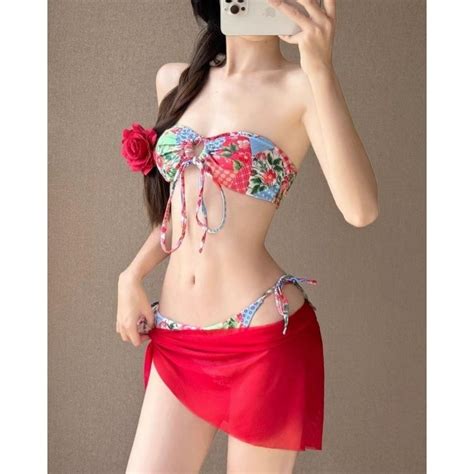 Women S Swimsuit Sexy Straps Bikini Three Piece Swimsuit Fashion Travel Hot Spring Red Romantic