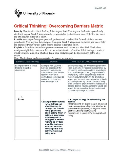 Levi Potts Hum V Wk Critical Thinking Overcoming Barriers Matrix