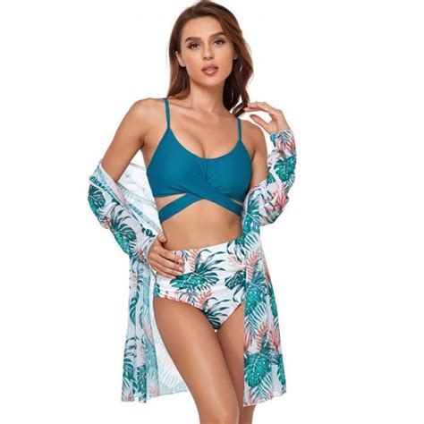 Femme Maillot de Bain Pièces tulle imprimé Taille Haute Maillots de Bain Sexy Bikini Push Bleu