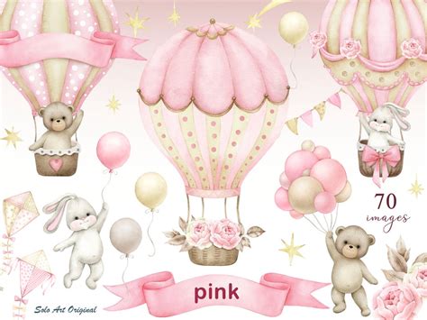 Baby Girl Shower Teddy Bear Hot Air Balloons Baby Bunny Kite Clouds Pink Floral Clipart