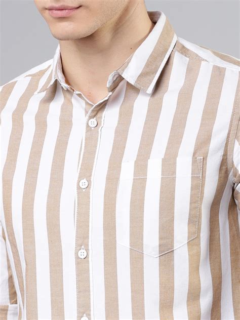 Buy Highlander Beige White Slim Fit Striped Casual Shirt For Men