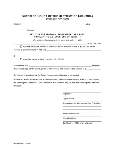 Fillable Online Dccourts Petition For Personal Representative S Bond