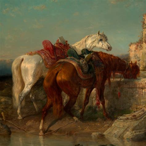 Arab Horsemen At A Well Large Orientalist Painting By Schreyer