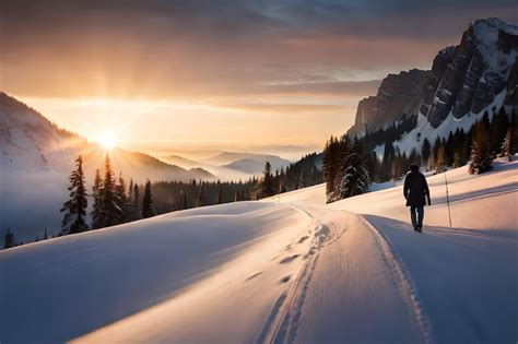 Un hombre camina por una montaña nevada con una puesta de sol de fondo