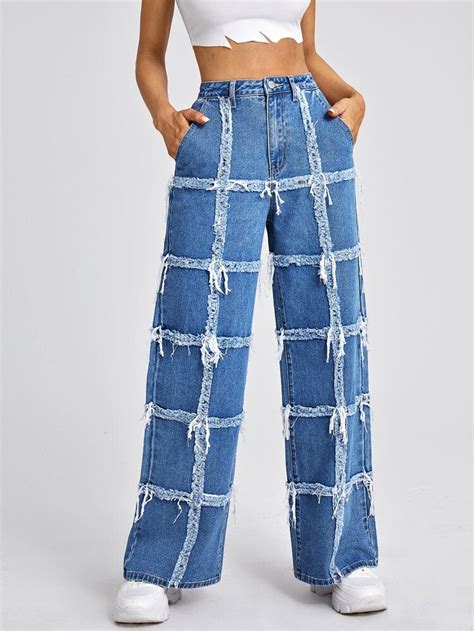 High Waist Raw Trim Wide Leg Jeans Shein Causual Outfits Edgy