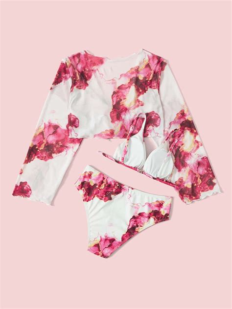 Paquetes Conjunto De Bikini Con Estampado De M Rmol Y Kimono De