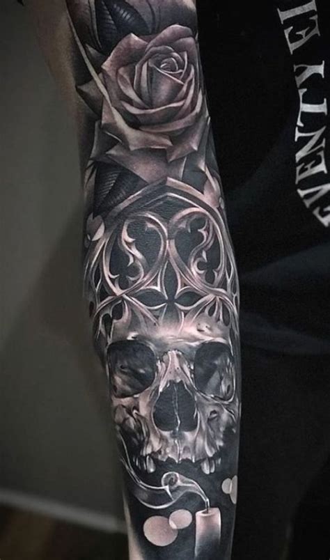 Skull And Roses Sleeve Tattoo Sleeve Tattoos Rose Tattoos For Men