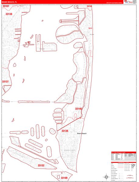 Miami Beach Florida Zip Code Wall Map (Red Line Style) by MarketMAPS ...