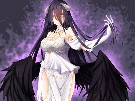 Wallpaper Anime Girls Albedo Overlord Horns Wings Long Hair Yellow Eyes Open Shirt