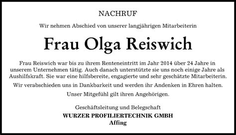 Traueranzeigen Von Olga Reiswich Allg Uer Zeitung