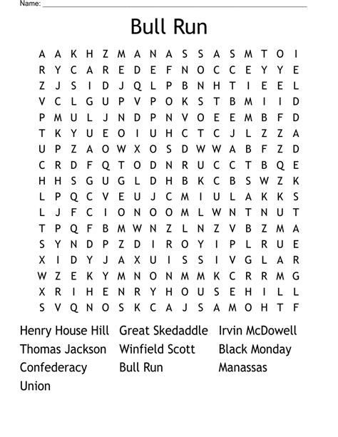 Bull Run Word Search Wordmint