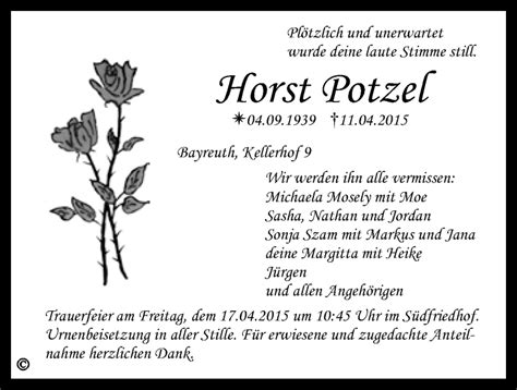 Traueranzeigen Von Horst Potzel Nordbayerischer Kurier