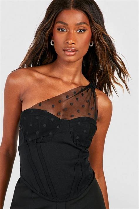 Black Dobby Mesh One Shoulder Corset Top Boohoo Uk