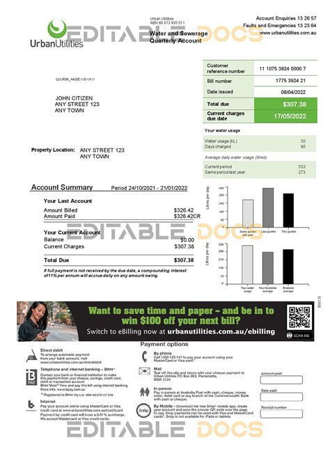 Australia Urban Utilities .doc and .pdf utility bill template