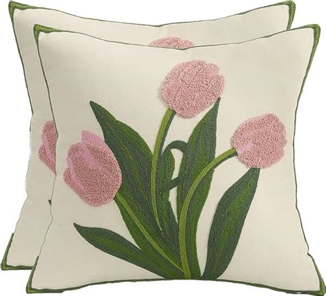 Tosleo Embroidery Throw Pillow Covers 18x18 Inch Pack Of 2 Pink Tulip Flower