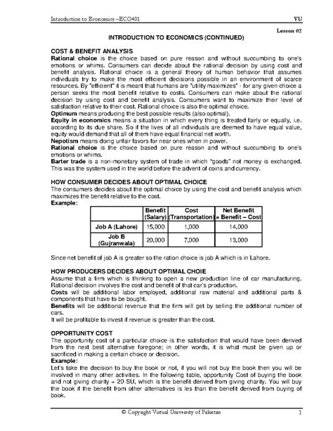 Eco 401 Lesson 02 Introduction To Economics Continued Cost