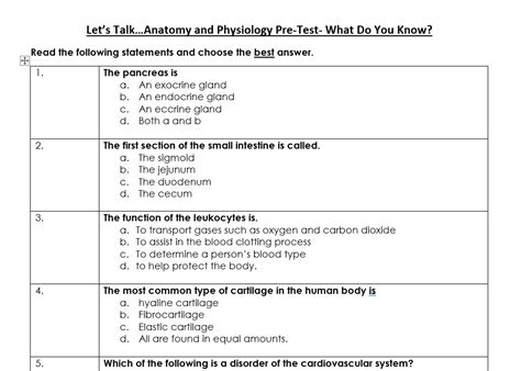 Anatomy And Physiology Pre Test What Do You Know Science Made By