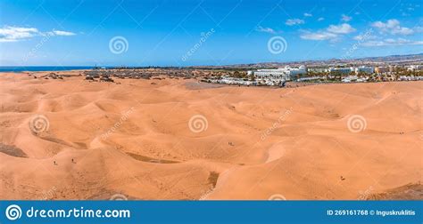 Panoramic Aerial Scene Of The Maspalomas Dunes In Playa Del Ingles