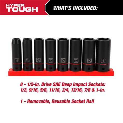 Hyper Tough 9 Piece 12 Inch Deep Drive Impact Socket Set Sae 41045