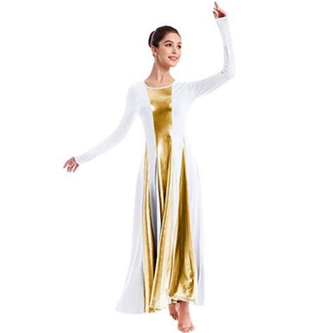 Women Metallic Color Block Liturgical Praise Dance Dress Bell Long