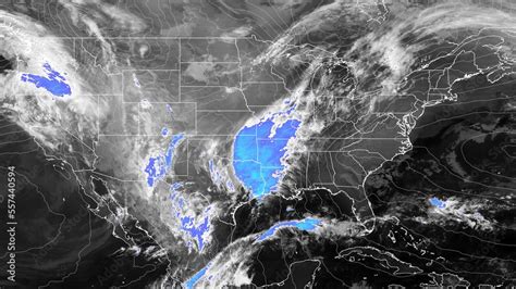 Satellite weather map over North America overlayed with atmospheric ...