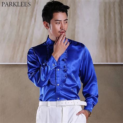 Royal Blue Ruffle Silk Satin Shirt Men 2019 New Slim Fit Long Sleeve Tuxedo Shirts Mens Wedding