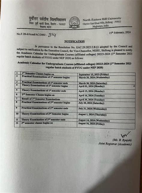 Academic Calendar For Colleges Affiliated Under Nehu