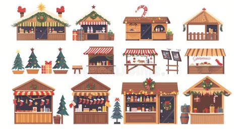 Christmas Market Stalls Set Wooden Chalets Outdoor Kiosks Shops