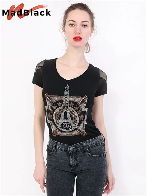 Madblack Summer Korean Clothes T Shirt Fashion Shiny Diamonds Eiffel Tower Women Tops Nylon Sexy