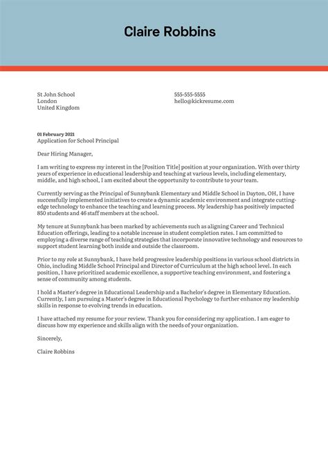 School Principal Cover Letter Example Kickresume