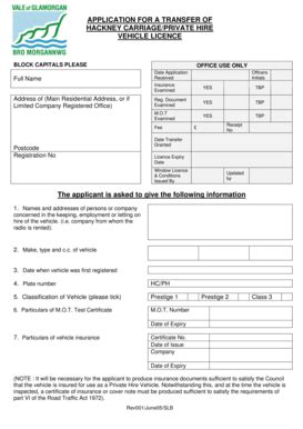 Fillable Online APPLICATION FOR A TRANSFER OF HACKNEY CARRIAGE PRIVATE